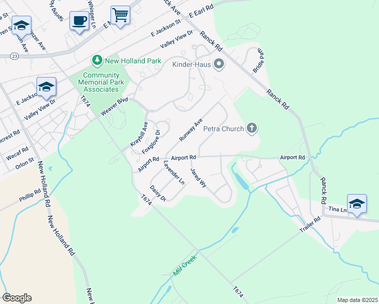 map of restaurants, bars, coffee shops, grocery stores, and more near 517 Airport Rd in New Holland