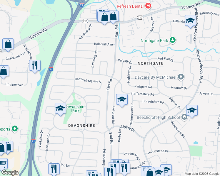 map of restaurants, bars, coffee shops, grocery stores, and more near 6400 Karl Road in Columbus
