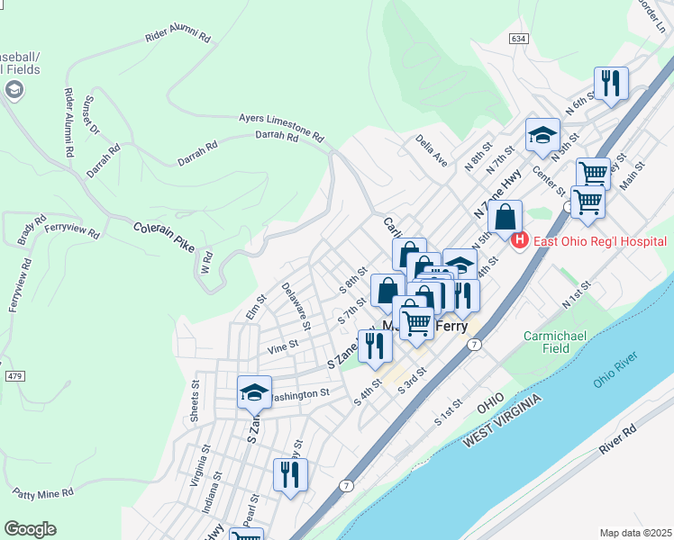 map of restaurants, bars, coffee shops, grocery stores, and more near 110 South 9th Street in Martins Ferry
