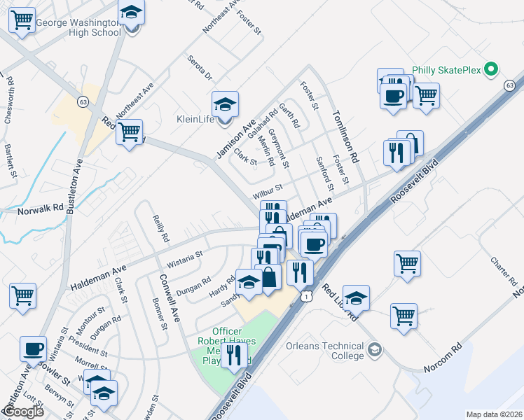 map of restaurants, bars, coffee shops, grocery stores, and more near 10109 Alexandra Lane in Philadelphia