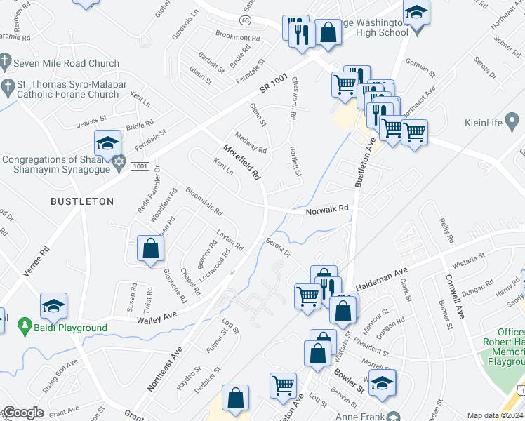map of restaurants, bars, coffee shops, grocery stores, and more near 1160 Norwalk Road in Philadelphia