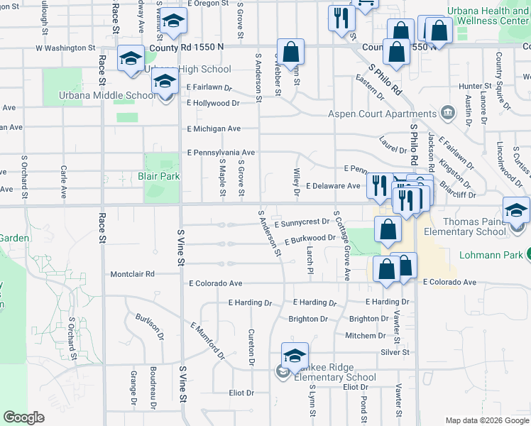 map of restaurants, bars, coffee shops, grocery stores, and more near 701 County Road 1500 North in Urbana