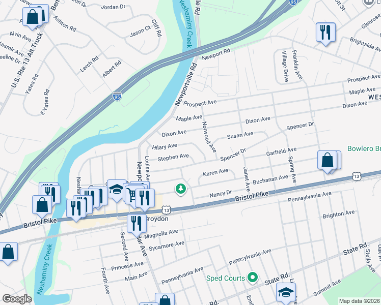 map of restaurants, bars, coffee shops, grocery stores, and more near 1009 Stephen Avenue in Croydon