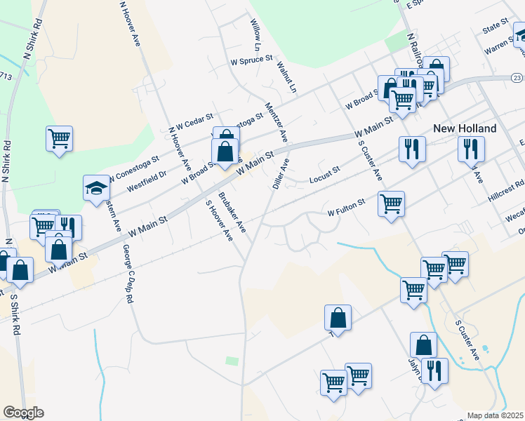 map of restaurants, bars, coffee shops, grocery stores, and more near 88 Diller Avenue in New Holland