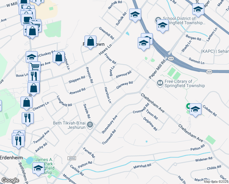map of restaurants, bars, coffee shops, grocery stores, and more near 304 Glenway Road in Glenside