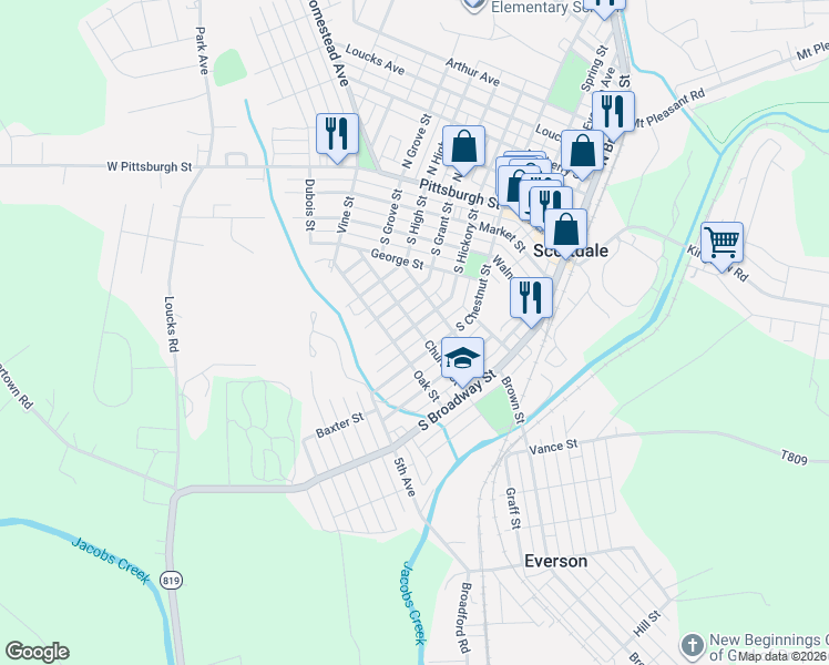 map of restaurants, bars, coffee shops, grocery stores, and more near 501 South Hickory Street in Scottdale