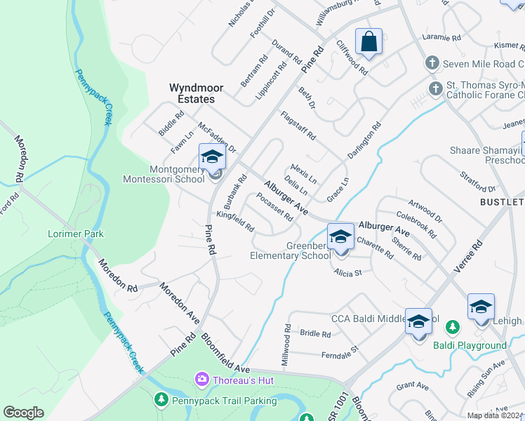 map of restaurants, bars, coffee shops, grocery stores, and more near 115 Thorndike Road in Philadelphia