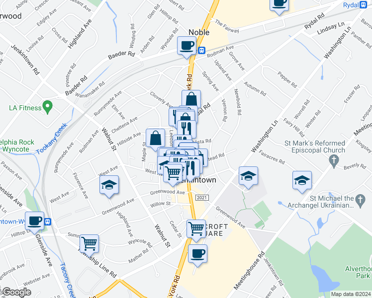 map of restaurants, bars, coffee shops, grocery stores, and more near 471 York Road in Jenkintown