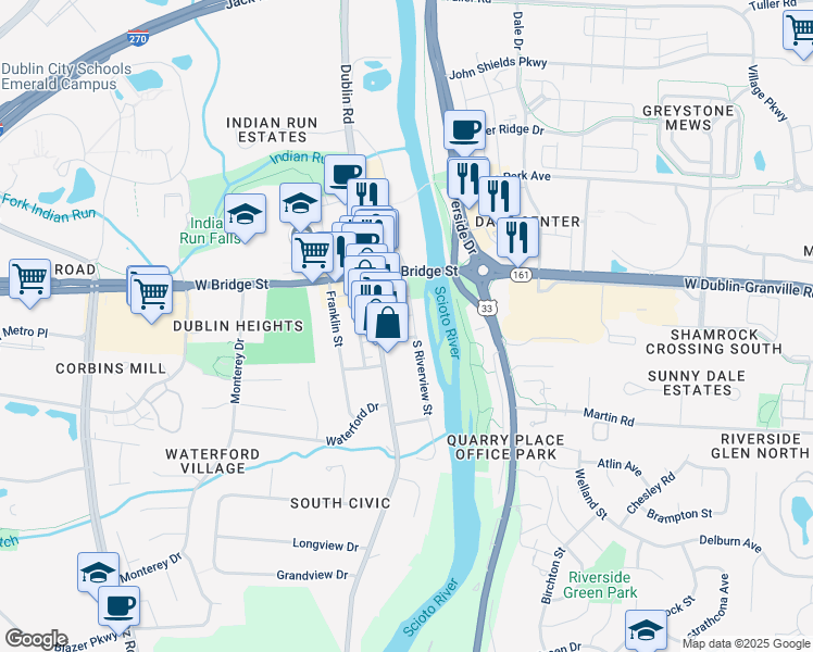map of restaurants, bars, coffee shops, grocery stores, and more near 83 South Riverview Street in Dublin
