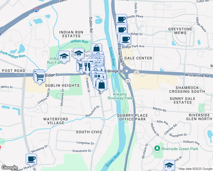 map of restaurants, bars, coffee shops, grocery stores, and more near 83 South Riverview Street in Dublin