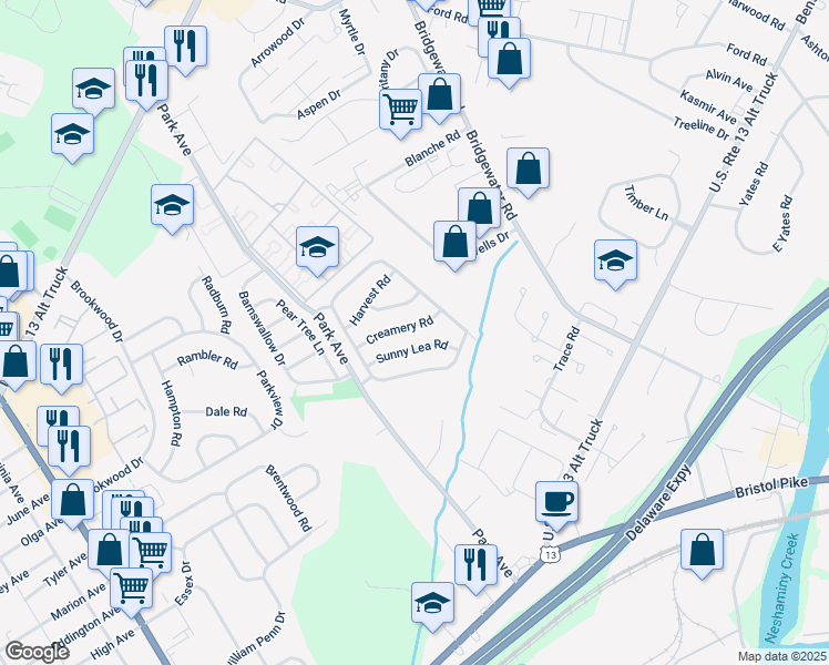 map of restaurants, bars, coffee shops, grocery stores, and more near 3617 Creamery Road in Bensalem