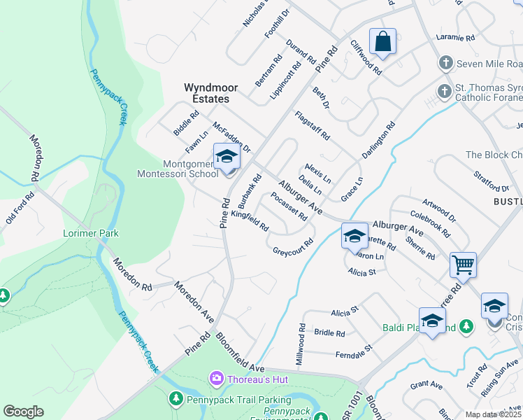 map of restaurants, bars, coffee shops, grocery stores, and more near 110 Thorndike Road in Philadelphia