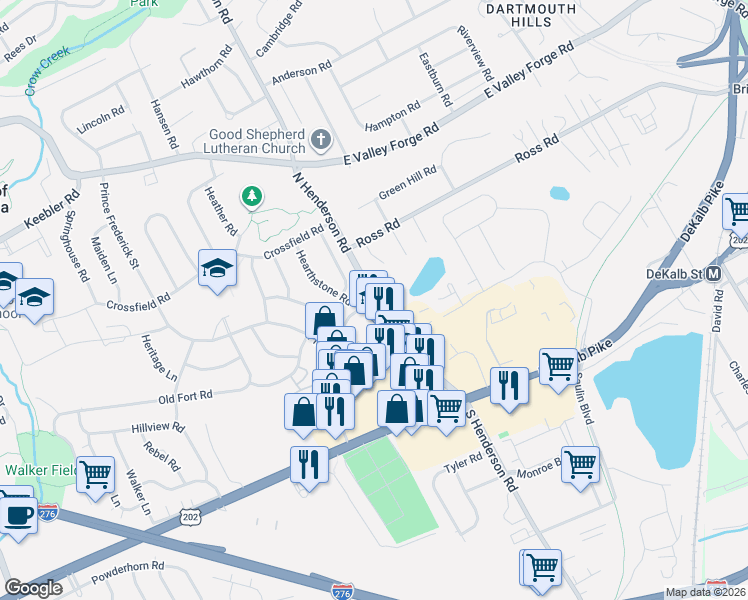 map of restaurants, bars, coffee shops, grocery stores, and more near 194 North Henderson Road in King of Prussia