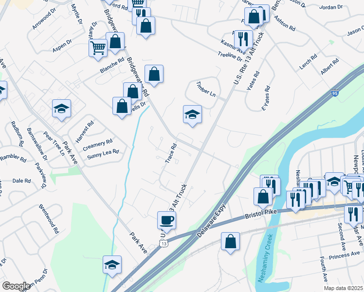 map of restaurants, bars, coffee shops, grocery stores, and more near 1021 Burnley Court in Bensalem