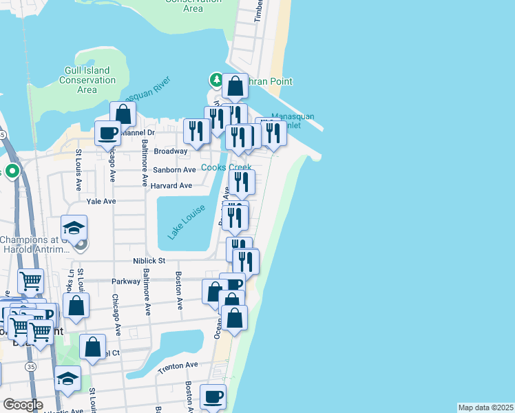 map of restaurants, bars, coffee shops, grocery stores, and more near 16 Danby Place in Point Pleasant Beach