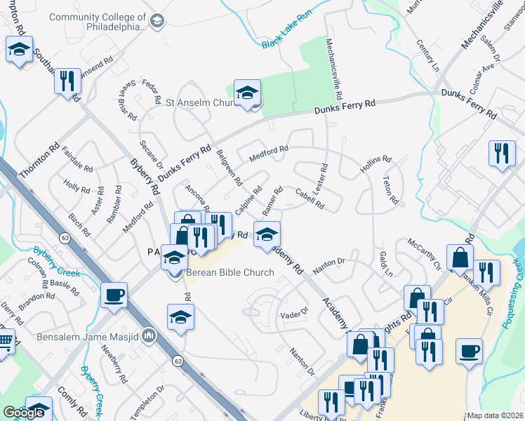 map of restaurants, bars, coffee shops, grocery stores, and more near 3320 Belgreen Road in Philadelphia