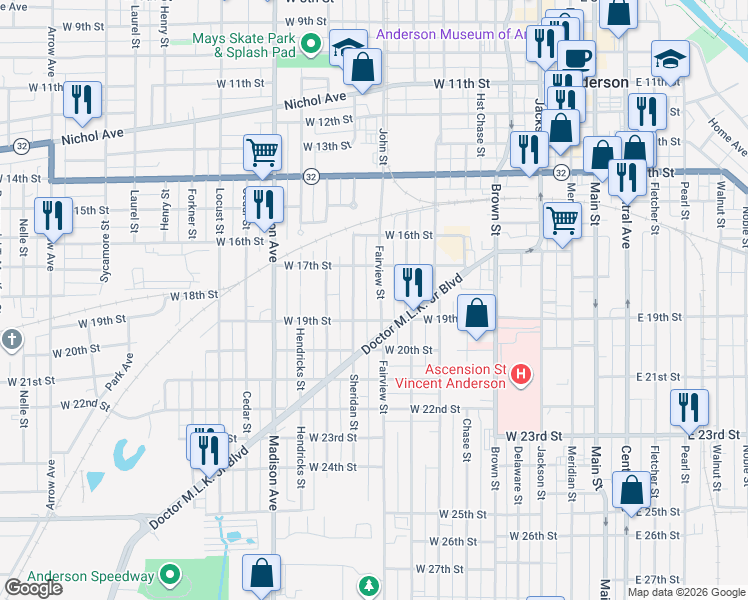 map of restaurants, bars, coffee shops, grocery stores, and more near 1809 Fairview St in Anderson