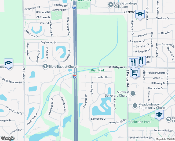 map of restaurants, bars, coffee shops, grocery stores, and more near 1903A Oak Park Drive in Champaign