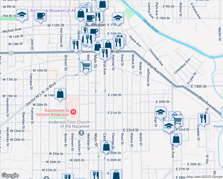 map of restaurants, bars, coffee shops, grocery stores, and more near 1815 Fletcher Street in Anderson
