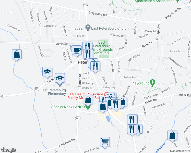 map of restaurants, bars, coffee shops, grocery stores, and more near 5917 Main Street in East Petersburg