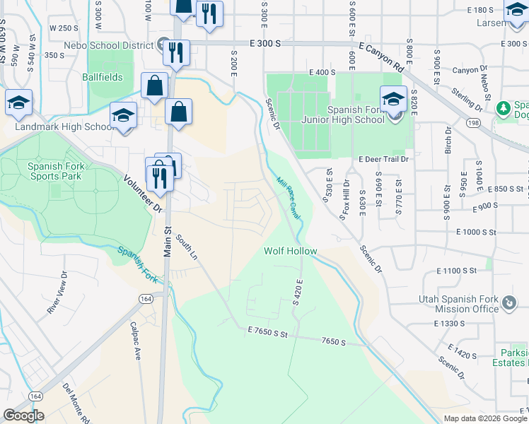 map of restaurants, bars, coffee shops, grocery stores, and more near 280 East in Spanish Fork