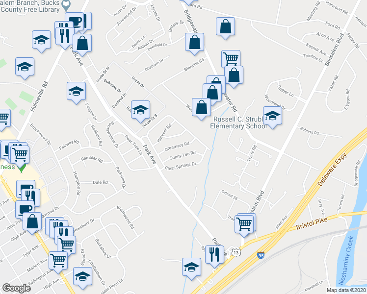 map of restaurants, bars, coffee shops, grocery stores, and more near 3617 Creamery Road in Bensalem