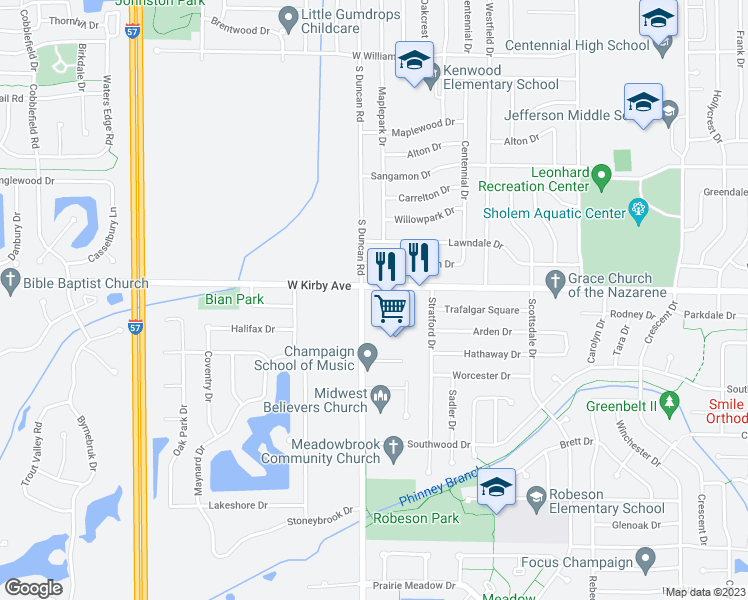 map of restaurants, bars, coffee shops, grocery stores, and more near 2913 West Kirby Avenue in Champaign