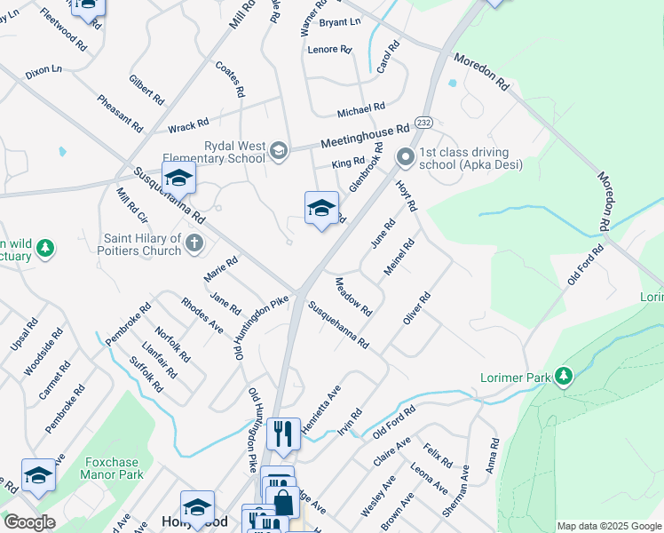 map of restaurants, bars, coffee shops, grocery stores, and more near 665 Linton Rd in Huntingdon Valley
