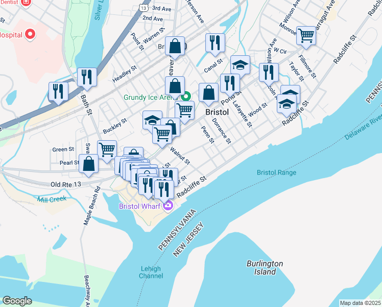 map of restaurants, bars, coffee shops, grocery stores, and more near 225 Walnut Street in Bristol