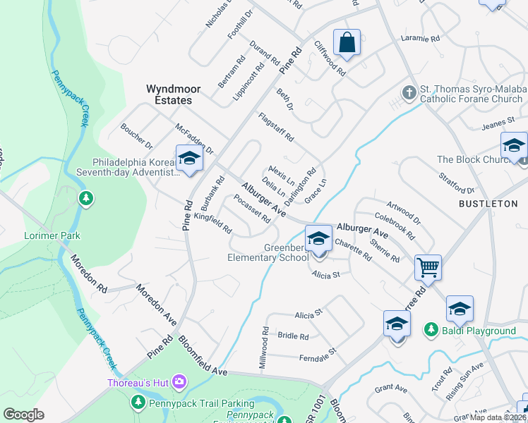 map of restaurants, bars, coffee shops, grocery stores, and more near 120 Pocasset Road in Philadelphia
