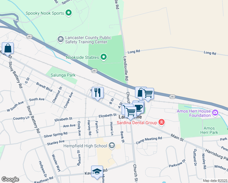 map of restaurants, bars, coffee shops, grocery stores, and more near 211 Broad Street in Salunga-Landisville