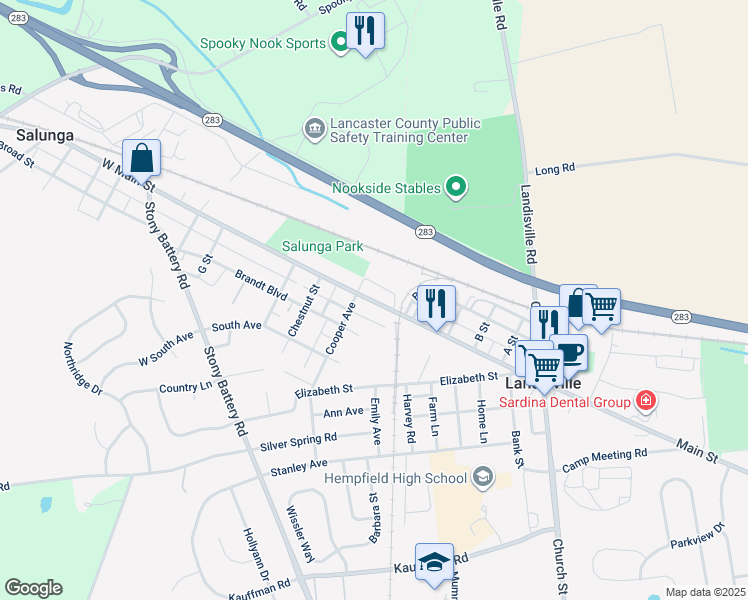 map of restaurants, bars, coffee shops, grocery stores, and more near 125 Main Street in Salunga-Landisville