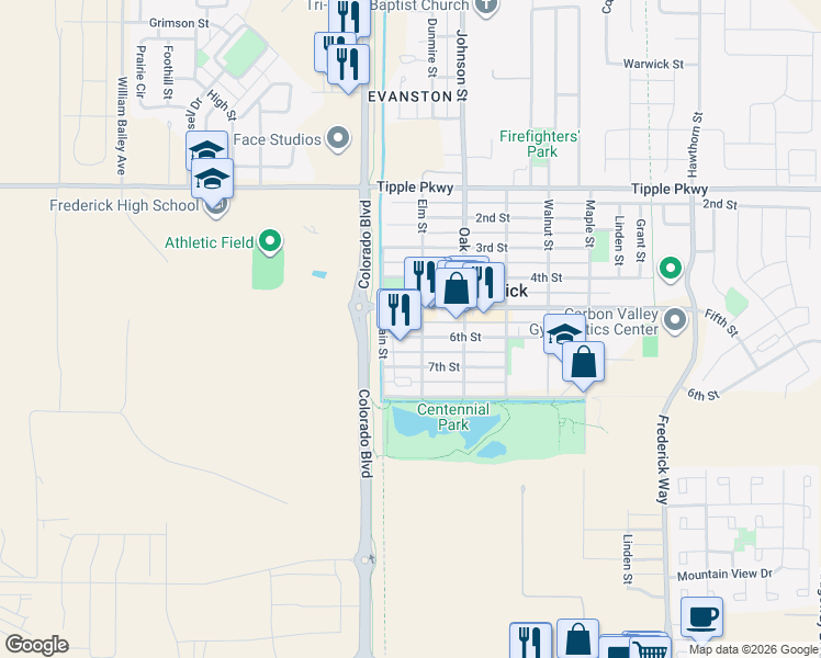 map of restaurants, bars, coffee shops, grocery stores, and more near 149 6th Street in Frederick