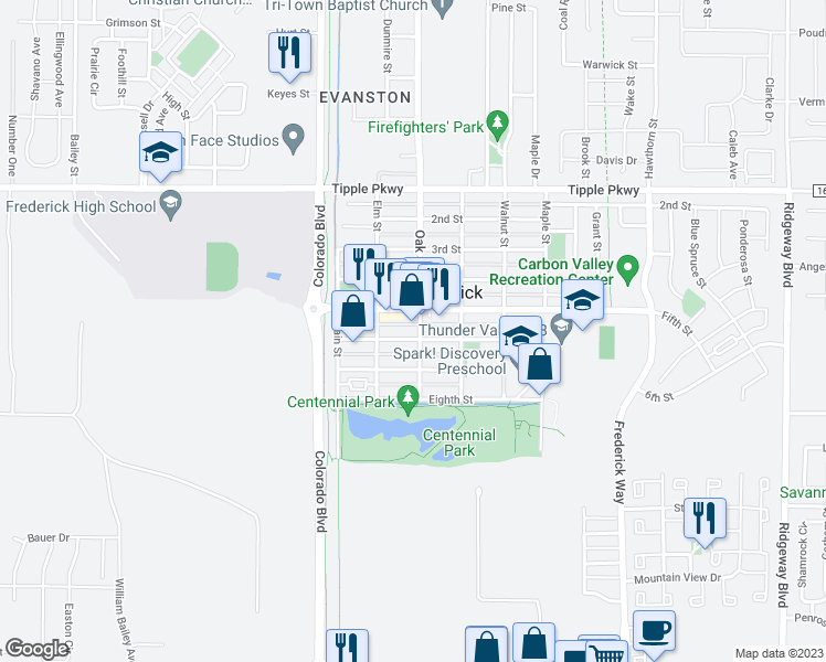 map of restaurants, bars, coffee shops, grocery stores, and more near 253 6th Street in Frederick