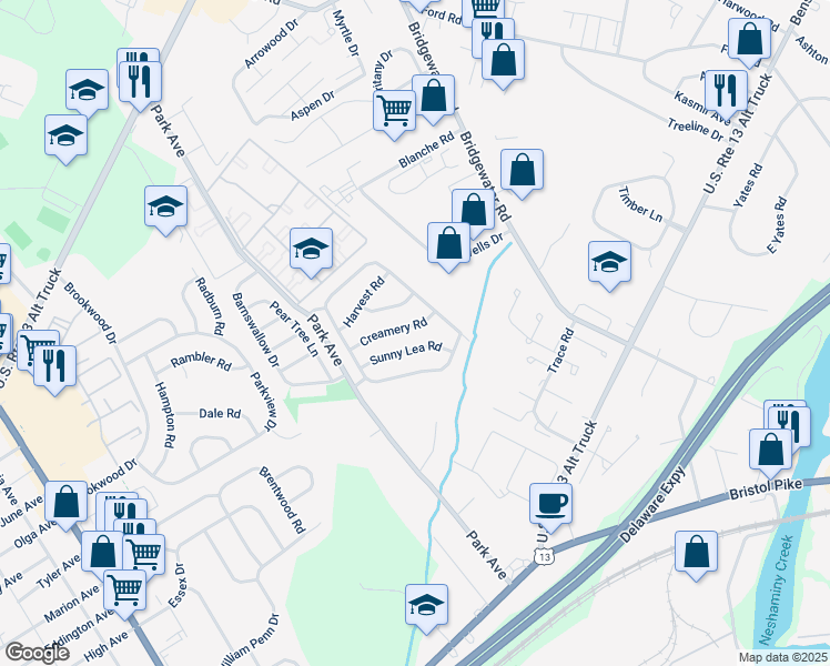 map of restaurants, bars, coffee shops, grocery stores, and more near 3619 Creamery Road in Bensalem