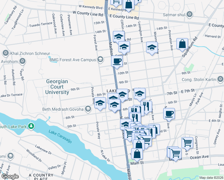 map of restaurants, bars, coffee shops, grocery stores, and more near 415 8th Street in Lakewood Township
