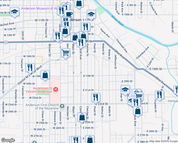 map of restaurants, bars, coffee shops, grocery stores, and more near 1810 Fletcher Street in Anderson
