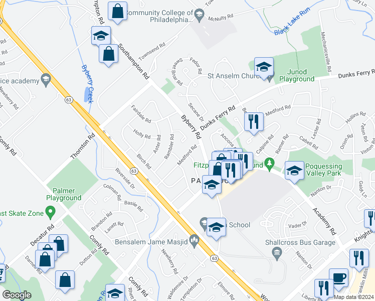 map of restaurants, bars, coffee shops, grocery stores, and more near 12220 Medford Road in Philadelphia