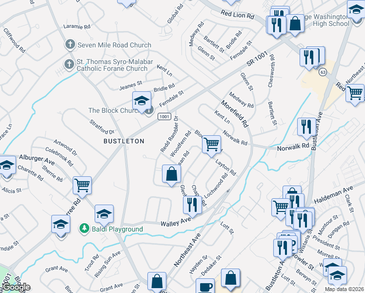 map of restaurants, bars, coffee shops, grocery stores, and more near 9813 Woodfern Road in Philadelphia
