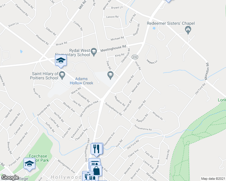 map of restaurants, bars, coffee shops, grocery stores, and more near 665 Linton Rd in Huntingdon Valley