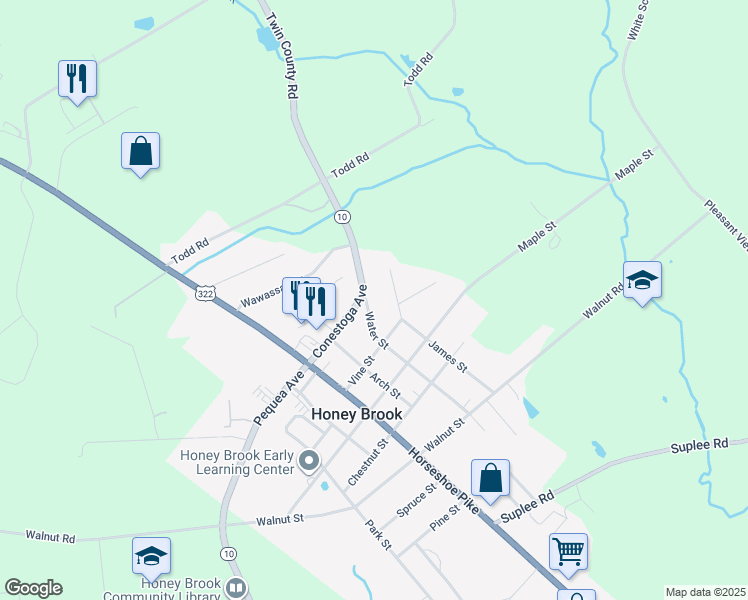 map of restaurants, bars, coffee shops, grocery stores, and more near 681 Water Street in Honey Brook