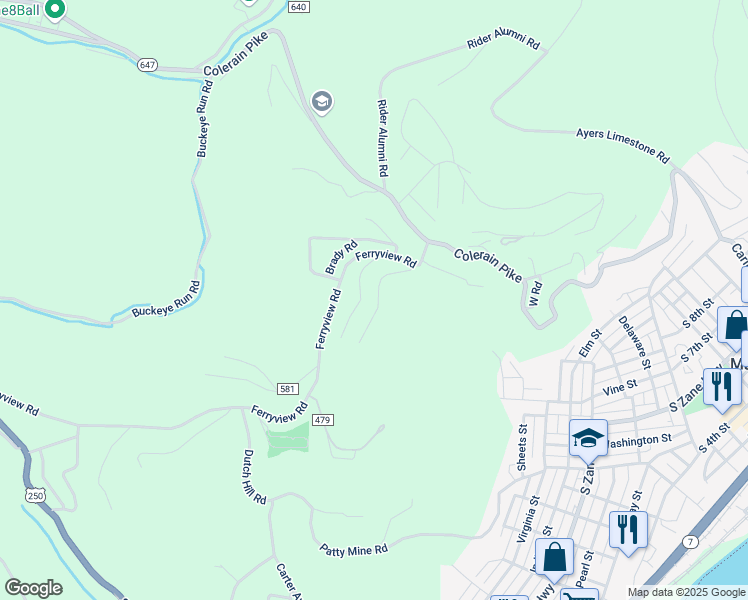 map of restaurants, bars, coffee shops, grocery stores, and more near 69798 Ohio Street in Martins Ferry