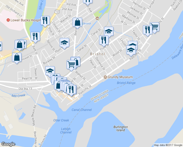 map of restaurants, bars, coffee shops, grocery stores, and more near 222 Franklin Street in Bristol