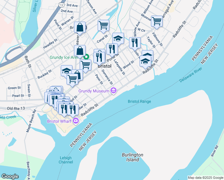 map of restaurants, bars, coffee shops, grocery stores, and more near 615 Radcliffe Street in Bristol