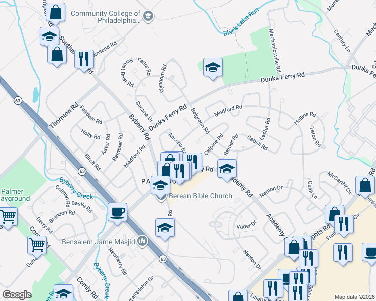 map of restaurants, bars, coffee shops, grocery stores, and more near 3319 Ancona Rd in Philadelphia