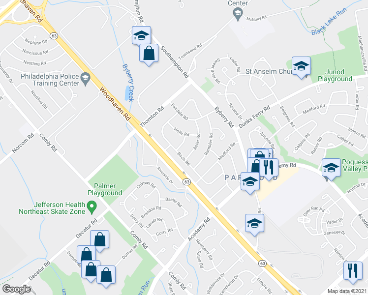 map of restaurants, bars, coffee shops, grocery stores, and more near 12123 Barbary Road in Philadelphia