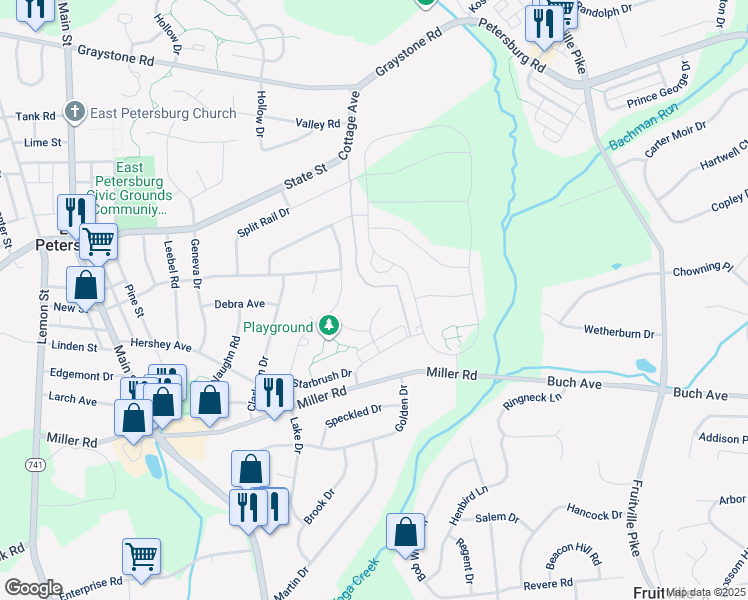 map of restaurants, bars, coffee shops, grocery stores, and more near 3022 Morning Thistle Ct in East Petersburg