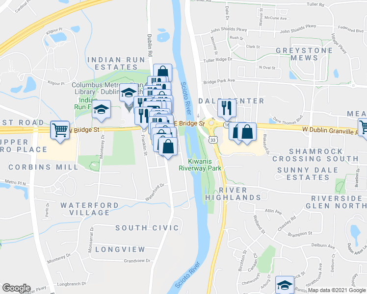 map of restaurants, bars, coffee shops, grocery stores, and more near 84 S Riverview St in Dublin