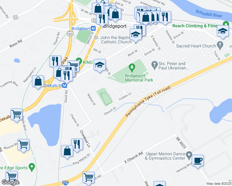 map of restaurants, bars, coffee shops, grocery stores, and more near 497 Coates Lane in King of Prussia