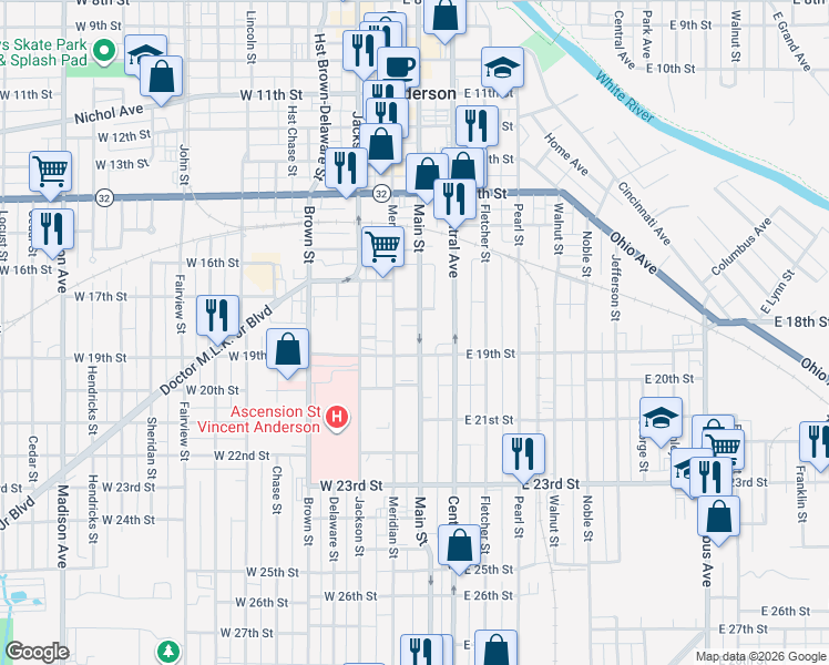 map of restaurants, bars, coffee shops, grocery stores, and more near 1807 Main Street in Anderson